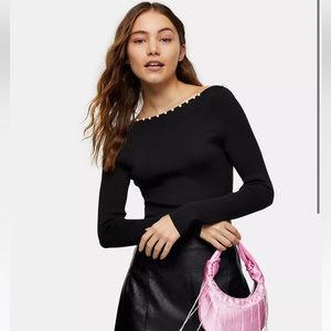 Topshop Knit Bodysuit with Pearl Beaded Neckline